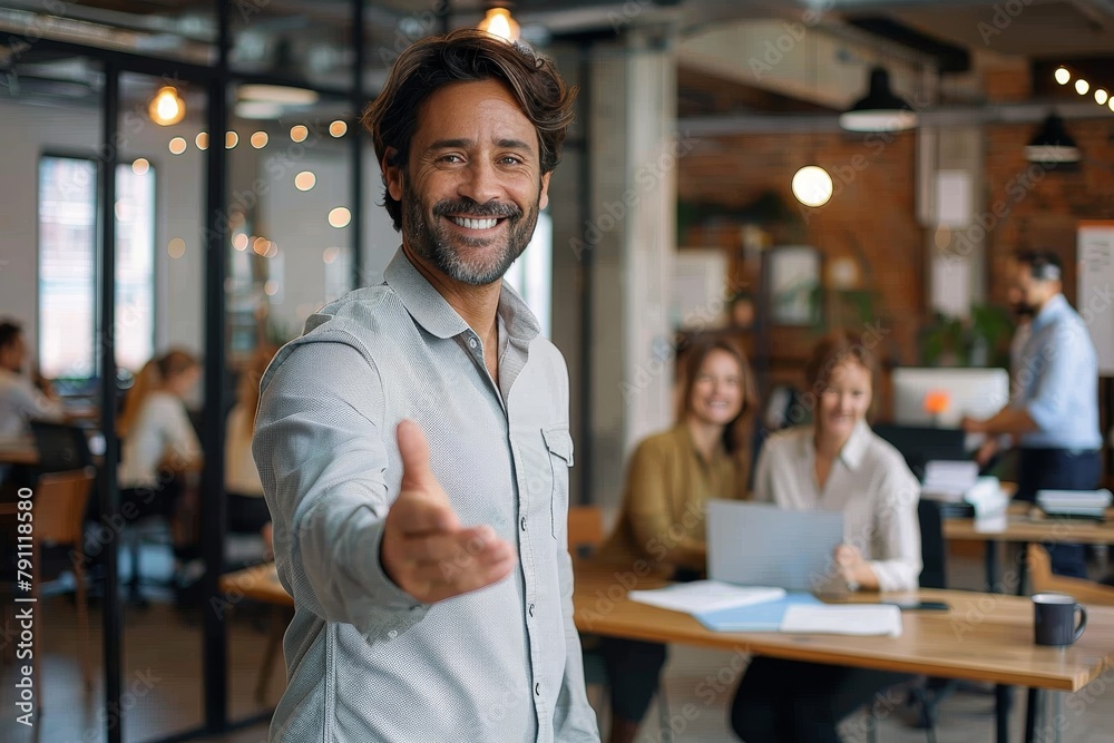 A personable and well-dressed businessman extends a handshake in a lively office, exemplifying approachability and teamwork A personable and well-dressed businessman extends a handshake in a lively office, exemplifying approachability and teamwork