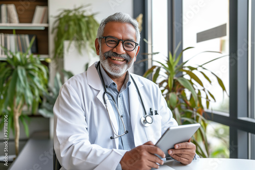 An elderly male doctor of Hindu appearance with a gray beard and a tablet in his hands looks at the camera against the backdrop of a medical office with green flowers