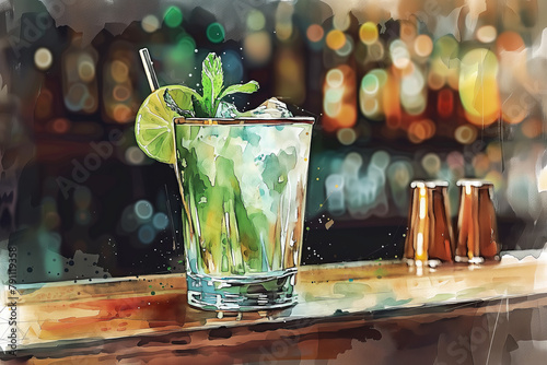 Alcoholic cocktail Moscow mullah with lime and mint on the bar counter in the bar in watercolor style photo