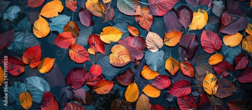 Artistic arrangement of vibrant fall foliage. Overhead view. Autumn theme.