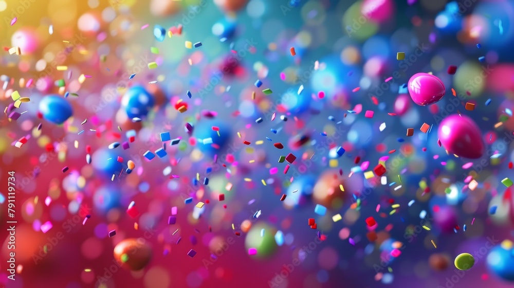A colorful background with confetti and balloons in the air, AI