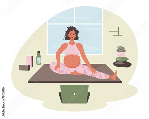 Pregnant woman doing yoga workout at home on laptop. Mother with belly practicing yoga exercises, pilates online. Lifestyle, bodycare concept. Home interior with yoga elements. Vector illustration