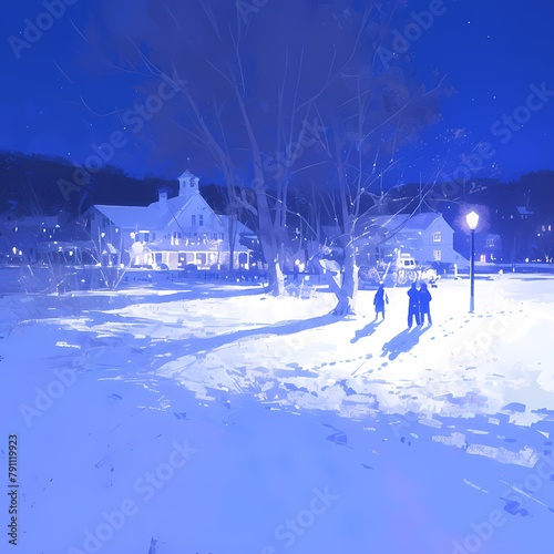 Enchanting Snowy Village Scene with Holiday Lights and Long Shadows