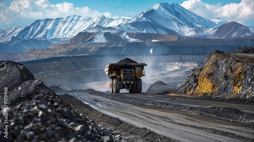 A truck driving down a dirt road in front of mountains, AI