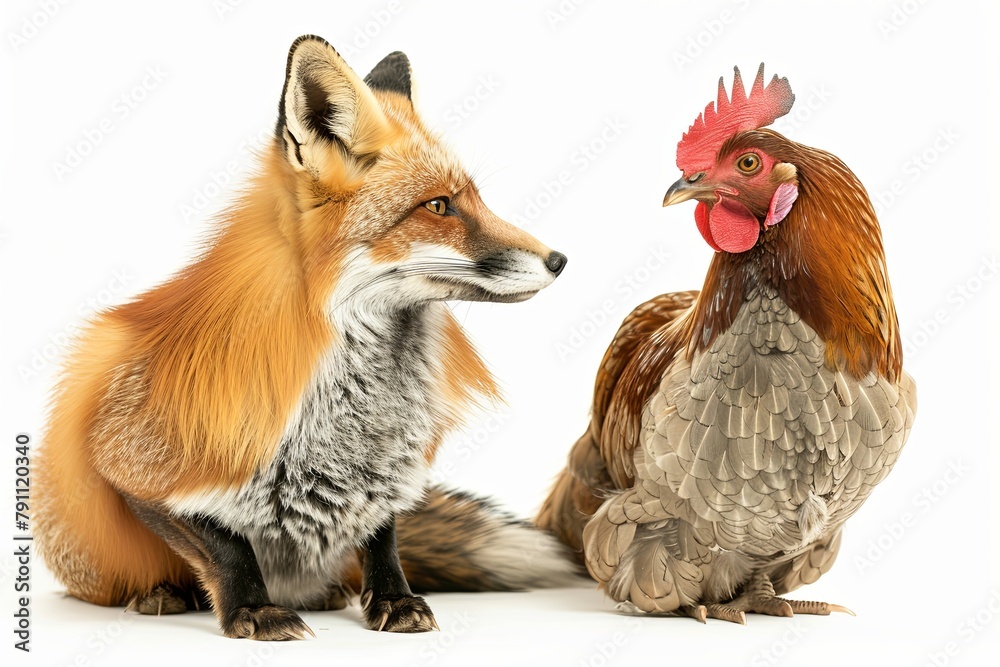 Fototapeta premium Red fox, Vulpes vulpes, sitting next to a Hen, looking at each other