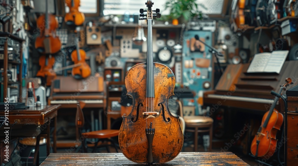 Naklejka premium AI music composer creating symphonies, studio filled with instruments, artistic