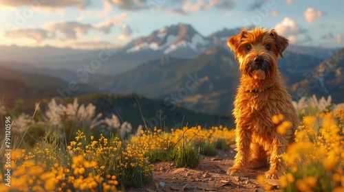 Airedale terrier on a hiking trail, mountain view, adventurous photo