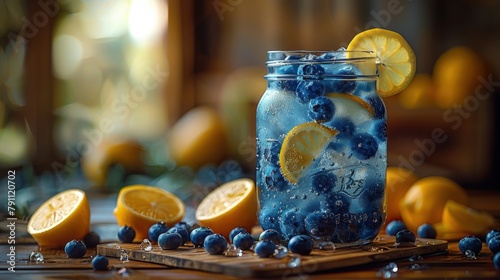 Blueberry vodka lemonade, vibrant blue, in a mason jar, picnic theme