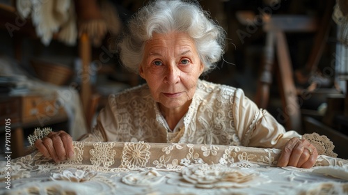 Belgian lace maker delicately crafting traditional designs in a quaint Bruges workshop