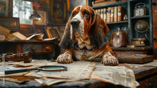 Basset hound in a detective setup, magnifying glass, clue papers around photo