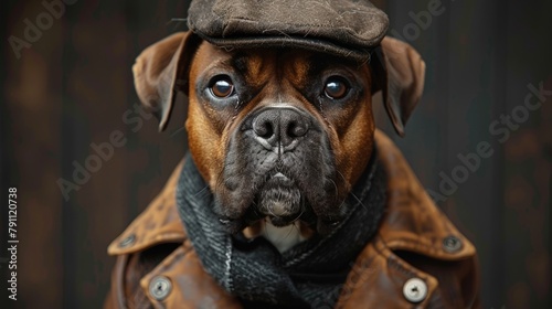 Boxer dog dressed as a detective, noir film style, moody lighting