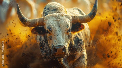 Bull rider at rodeo, dynamic action, dust and motion photo