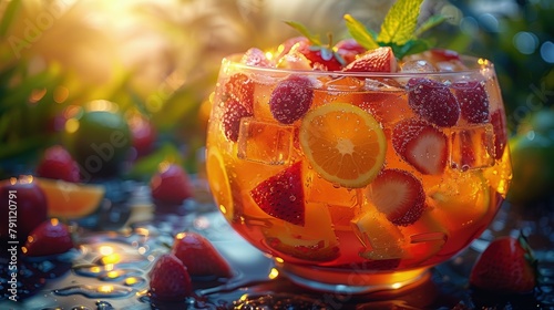 Caribbean rum punch, tropical fruits, in a glass bowl, party setting