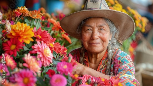 Ecuadorian woman in traditional dress selling vibrant flowers at a highland market in Quito