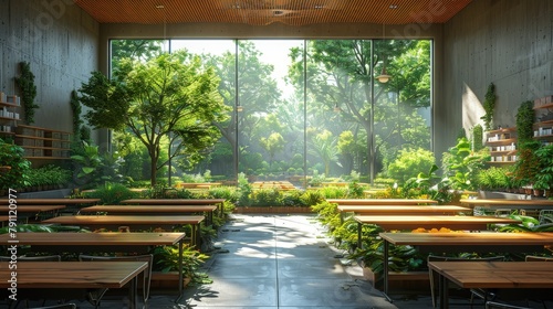 Eco-friendly school design, classrooms with natural light and air purification