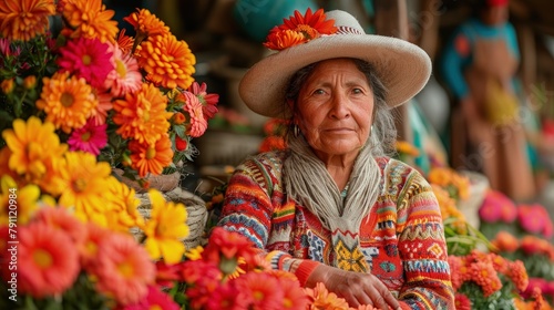 Ecuadorian woman in traditional dress selling vibrant flowers at a highland market in Quito