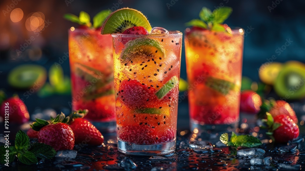 Kiwi and strawberry cocktail, colorful and sweet, in a tall glass, festive - obrazy, fototapety, plakaty 