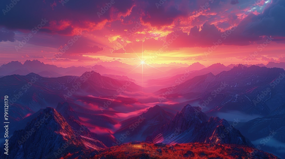 Majestic mountain range at sunrise, peaks glowing under a vibrant, warm sky
