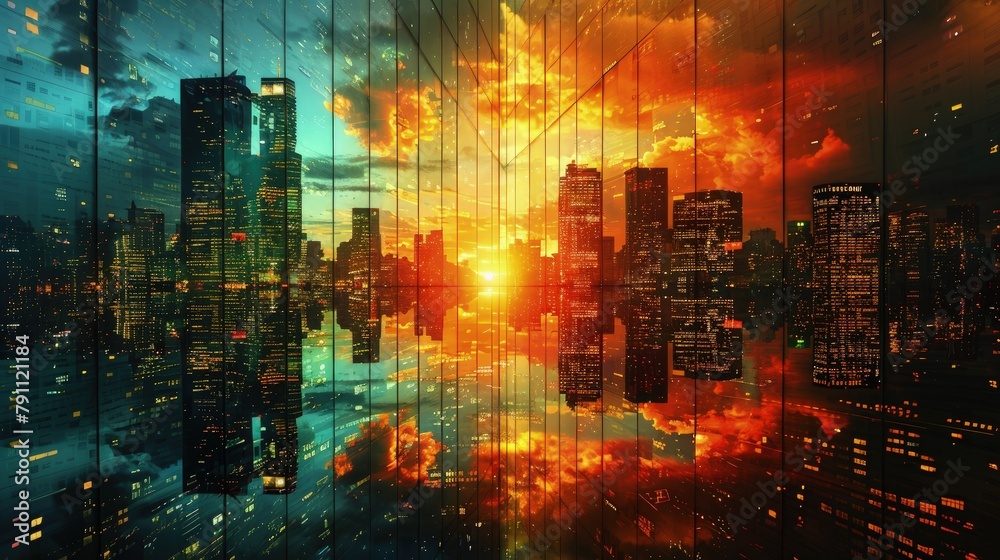 Glass skyscrapers with changing colors, dusk light – Dynamic architecture Glass skyscrapers with changing colors, dusk light – Dynamic architecture