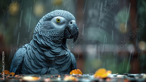 Grey parrot solving a puzzle, intelligence theme, focused light