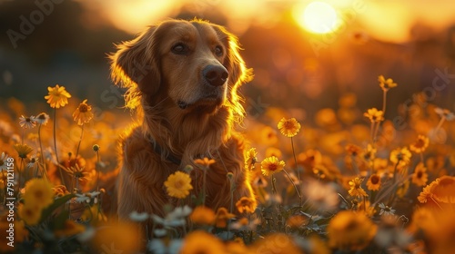 Irish Setter in a field of wildflowers, sunset, peaceful