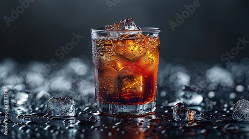Layered black Russian, in a clear glass, under a dim light photo