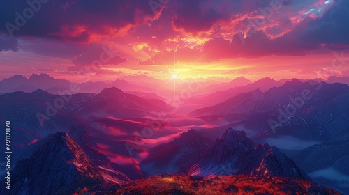 Majestic mountain range at sunrise  peaks glowing under a vibrant  warm sky