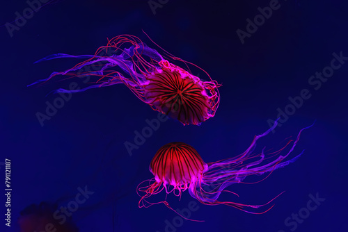 Fluorescent jellyfish swimming underwater aquarium pool with red neon light. The Japanese sea nettle chrysaora pacifica in blue water, ocean. Theriology, biodiversity, undersea life, aquatic organism photo