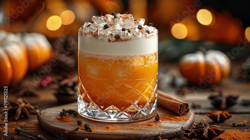 Pumpkin spice cocktail, seasonal and spicy, in a decorated glass photo
