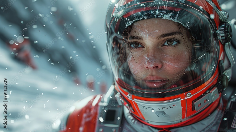 Skeleton racer on icy track, high speed, close-up on helmet Skeleton racer on icy track, high speed, close-up on helmet