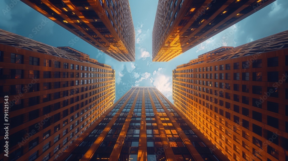 Skyscraper intersection, looking up towards the sky â€“ Wormâ€™s eye view