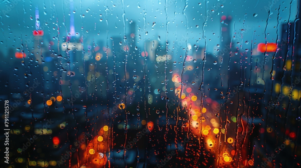 Skyscrapers seen through a rain-soaked window, blurred vision â€“ Rainy city
