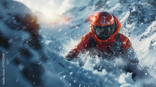 Skeleton racer on icy track, high speed, close-up on helmet © Gefo