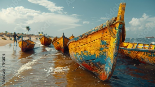 Senegalese fishermen launching colorful pirogues into the Atlantic at a vibrant Dakar beach