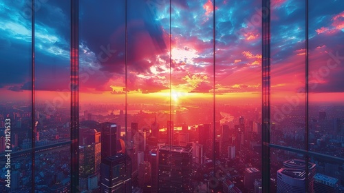Skyline of modern skyscrapers with a dramatic sunset backdrop â€“ Urban sunset photo