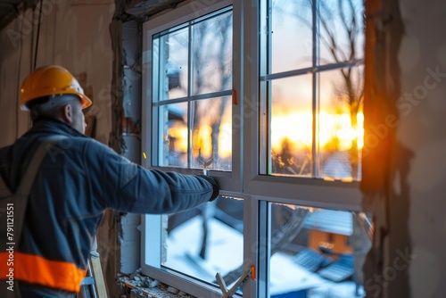 A skilled worker is seen installing a window frame into a wall during a tranquil winter evening