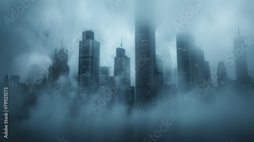 Skyscrapers in mist, tops disappearing into the fog â€“ Misty morning photo