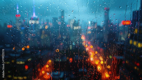 Skyscrapers seen through a rain-soaked window, blurred vision â€“ Rainy city photo