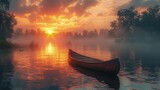 Sunrise over a mist-covered lake, a canoe silhouetted against the peaceful morning light