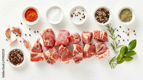 Pork and seasonings are separated on a white background prior to being cooked