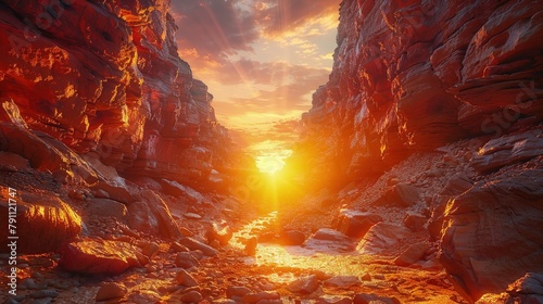 Sunrise in a rock canyon, walls glowing orange, deep shadows creating contrast
