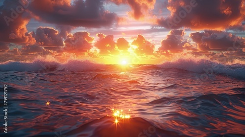 Sunrise over the ocean, horizon line glowing brightly, waves catching the morning light