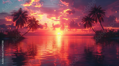 Sunset in a tropical paradise, palm trees silhouetted against a vibrant sky