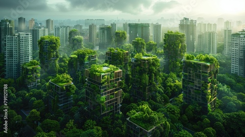 Sustainable cityscape, green roofs and electric transit, aerial perspective