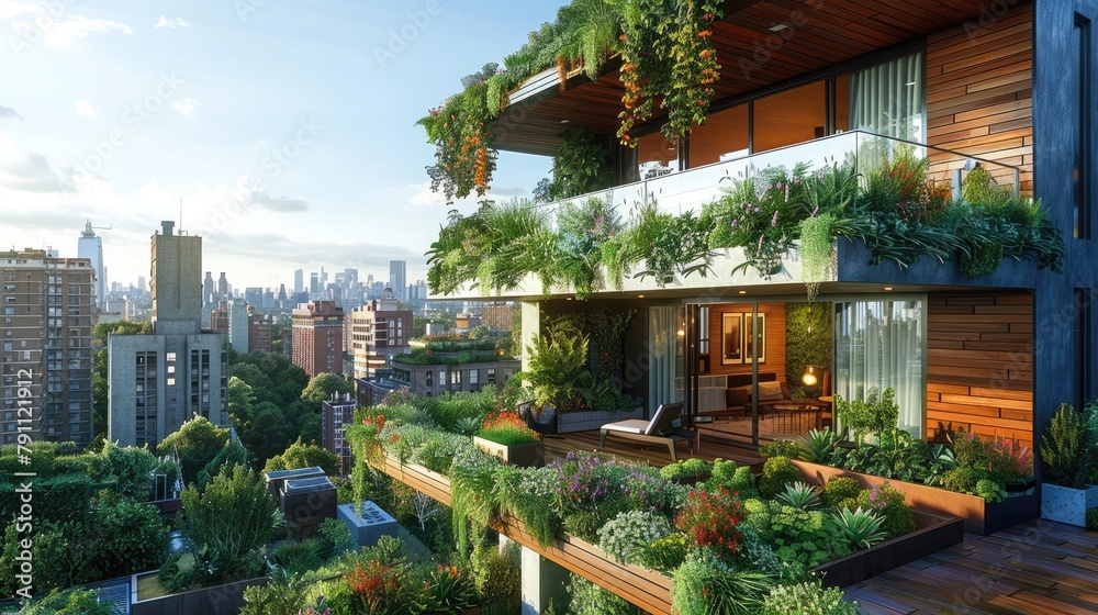 Urban rooftop gardens, high-rise buildings background, sustainable city living, photorealistic