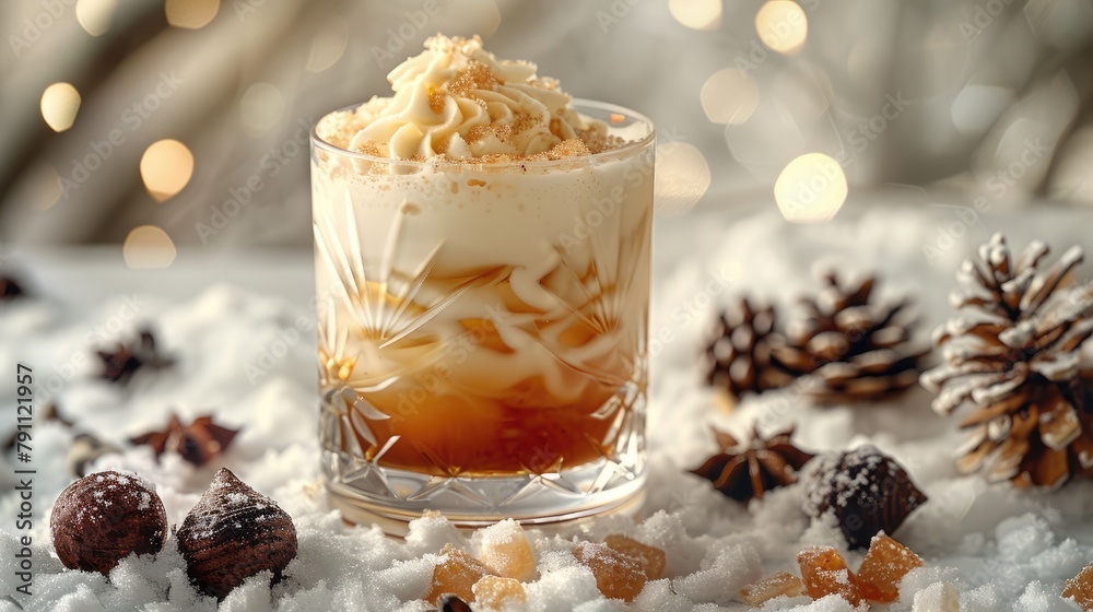 White Russian, creamy layers, in a lowball glass, cozy winter evening White Russian, creamy layers, in a lowball glass, cozy winter evening