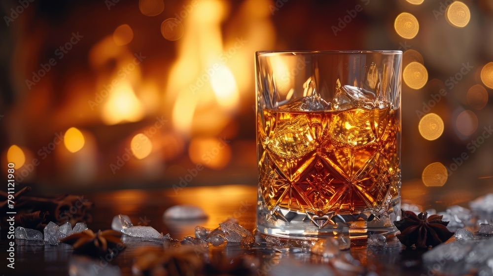 Whiskey neat, single malt, in a crystal glass, fireside setting Whiskey neat, single malt, in a crystal glass, fireside setting