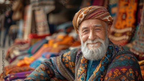 Uzbek trader displaying bright silk fabrics at the bustling Samarkand market under warm sunlight
