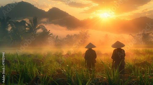 Vietnamese rice farmers in conical hats tending to lush green fields under a bright sunrise photo