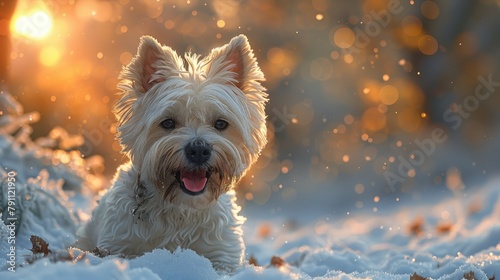 West Highland White Terrier in a snowy scene, paw prints visible